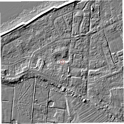 Shaded relief map of the ground around FY60NE, computed from Environment Agency LiDAR. The ground here sits at about 6 m above sea level and falls 7 m across the surrounding 800 m. Surface water reaching this point runs off ground lying to the south-east, 1.4 m higher.