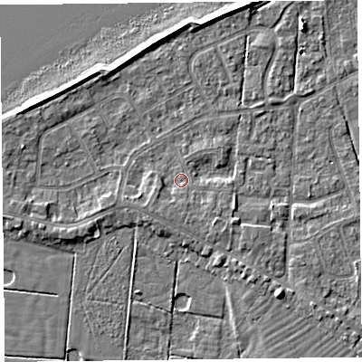 Shaded relief map of the ground around FY60NF, computed from Environment Agency LiDAR. The ground here sits at about 6 m above sea level and falls 7 m across the surrounding 800 m. Surface water reaching this point runs off ground lying to the south-east, 1.5 m higher.