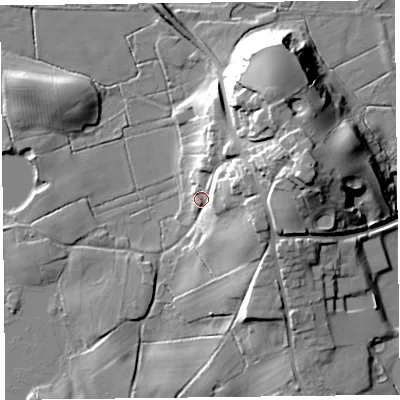 Shaded relief map of the ground around FY60NG, computed from Environment Agency LiDAR. The ground here sits at about 10 m above sea level and falls 27 m across the surrounding 800 m. Surface water reaching this point runs off ground lying to the east-north-east, 24.4 m higher.
