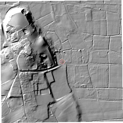 Shaded relief map of the ground around FY60NP, computed from Environment Agency LiDAR. The ground here sits at about 6 m above sea level and falls 28 m across the surrounding 800 m. Surface water reaching this point runs off ground lying to the west-north-west, 26.0 m higher.