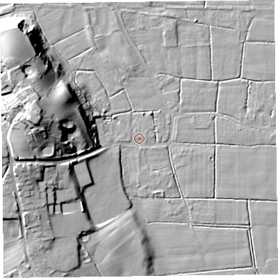 Shaded relief map of the ground around FY60NR, computed from Environment Agency LiDAR. The ground here sits at about 5 m above sea level and falls 28 m across the surrounding 800 m. Surface water reaching this point runs off ground lying to the west, 0.9 m higher.