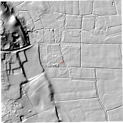 Shaded relief map of the ground around FY60NS, computed from Environment Agency LiDAR. The ground here sits at about 6 m above sea level and falls 28 m across the surrounding 800 m. Surface water reaching this point runs off ground lying to the west-north-west, 27.6 m higher.