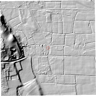 Shaded relief map of the ground around FY60NT, computed from Environment Agency LiDAR. The ground here sits at about 5 m above sea level and falls 28 m across the surrounding 800 m. Surface water reaching this point runs off ground lying to the west-south-west, 1.8 m higher.