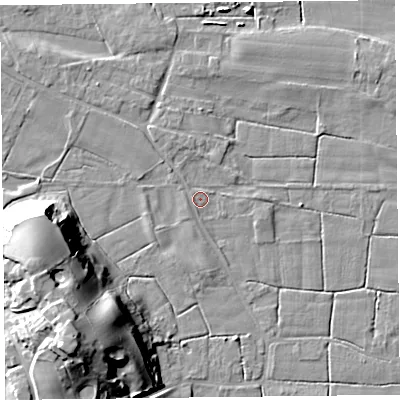 Shaded relief map of the ground around FY60NU, computed from Environment Agency LiDAR. The ground here sits at about 5 m above sea level and falls 28 m across the surrounding 800 m. Surface water reaching this point runs off ground lying to the north, 1.4 m higher.