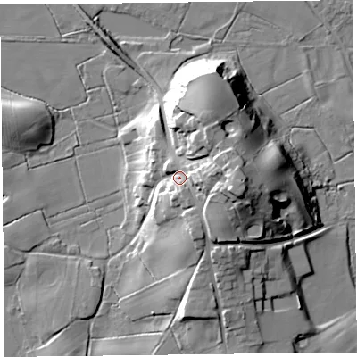 Shaded relief map of the ground around FY60NW, computed from Environment Agency LiDAR. The ground here sits at about 20 m above sea level and falls 27 m across the surrounding 800 m. Surface water reaching this point runs off ground lying to the east, 15.5 m higher.