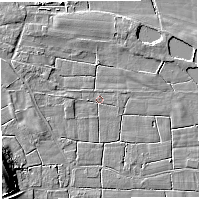 Shaded relief map of the ground around FY60NX, computed from Environment Agency LiDAR. The ground here sits at about 5 m above sea level and falls 16 m across the surrounding 800 m. Surface water reaching this point runs off ground lying to the west, 2.0 m higher.