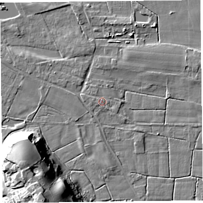 Shaded relief map of the ground around FY60NY, computed from Environment Agency LiDAR. The ground here sits at about 6 m above sea level and falls 28 m across the surrounding 800 m. Surface water reaching this point runs off ground lying to the west, 0.9 m higher.