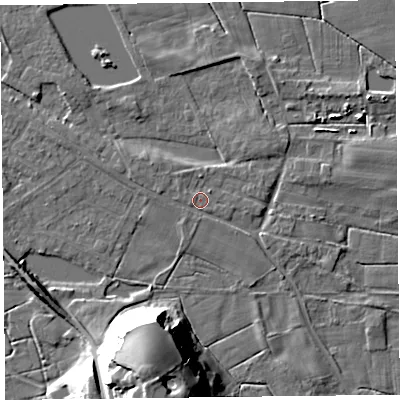 Shaded relief map of the ground around FY60PA, computed from Environment Agency LiDAR. The ground here sits at about 6 m above sea level and falls 25 m across the surrounding 800 m. Surface water reaching this point runs off ground lying to the north-west, 0.9 m higher.