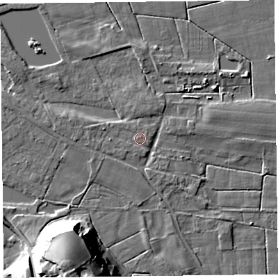 Shaded relief map of the ground around FY60PB, computed from Environment Agency LiDAR. The ground here sits at about 6 m above sea level and falls 25 m across the surrounding 800 m. Surface water reaching this point runs off ground lying to the west-north-west, 0.9 m higher.