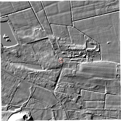 Shaded relief map of the ground around FY60PD, computed from Environment Agency LiDAR. The ground here sits at about 6 m above sea level and falls 22 m across the surrounding 800 m. Surface water reaching this point runs off ground lying to the east, 4.1 m higher.