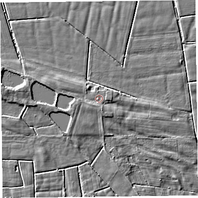 Shaded relief map of the ground around FY60PE, computed from Environment Agency LiDAR. The ground here sits at about 6 m above sea level and falls 4 m across the surrounding 800 m. Surface water reaching this point runs off ground lying to the east, 0.6 m higher.