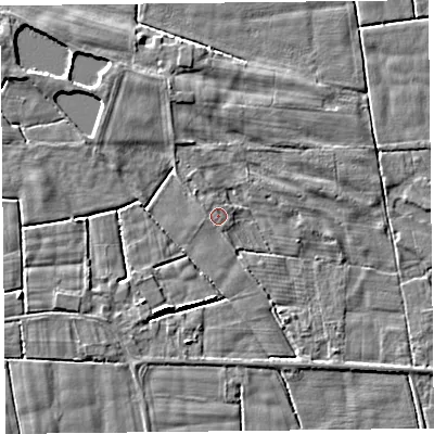 Shaded relief map of the ground around FY60PF, computed from Environment Agency LiDAR. The ground here sits at about 6 m above sea level and falls 5 m across the surrounding 800 m. Surface water reaching this point runs off ground lying to the north-north-west, 0.8 m higher.