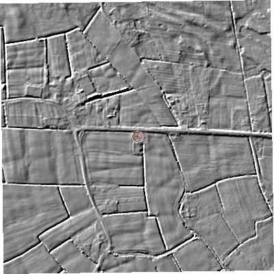 Shaded relief map of the ground around FY60PG, computed from Environment Agency LiDAR. The ground here sits at about 5 m above sea level and falls 4 m across the surrounding 800 m. Surface water reaching this point runs off ground lying to the north-north-east, 0.5 m higher.