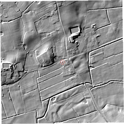 Shaded relief map of the ground around FY60PH, computed from Environment Agency LiDAR. The ground here sits at about 5 m above sea level and falls 11 m across the surrounding 800 m. Surface water reaching this point runs off ground lying to the north-north-east, 4.9 m higher.