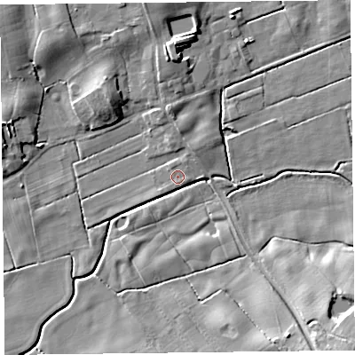 Shaded relief map of the ground around FY60PJ, computed from Environment Agency LiDAR. The ground here sits at about 5 m above sea level and falls 14 m across the surrounding 800 m. Surface water reaching this point runs off ground lying to the south-east, 3.6 m higher.