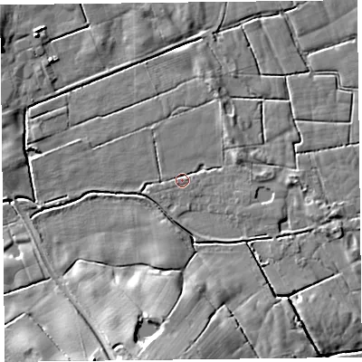 Shaded relief map of the ground around FY60PL, computed from Environment Agency LiDAR. The ground here sits at about 4 m above sea level and falls 13 m across the surrounding 800 m. Surface water reaching this point runs off ground lying to the east-south-east, 3.4 m higher.