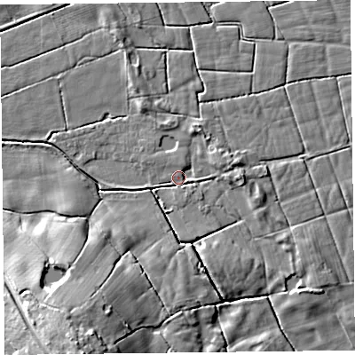 Shaded relief map of the ground around FY60PP, computed from Environment Agency LiDAR. The ground here sits at about 5 m above sea level and falls 16 m across the surrounding 800 m. Surface water reaching this point runs off ground lying to the east, 3.0 m higher.