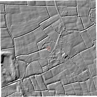 Shaded relief map of the ground around FY60PQ, computed from Environment Agency LiDAR. The ground here sits at about 5 m above sea level and falls 3 m across the surrounding 800 m. Surface water reaching this point runs off ground lying to the west-north-west, 1.1 m higher.