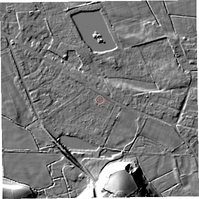 Shaded relief map of the ground around FY60PR, computed from Environment Agency LiDAR. The ground here sits at about 6 m above sea level and falls 25 m across the surrounding 800 m. Surface water reaching this point runs off ground lying to the north, 1.0 m higher.