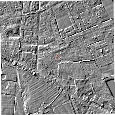 Shaded relief map of the ground around FY60PS, computed from Environment Agency LiDAR. The ground here sits at about 6 m above sea level and falls 6 m across the surrounding 800 m. Surface water reaching this point runs off ground lying to the south-south-east, 1.4 m higher.