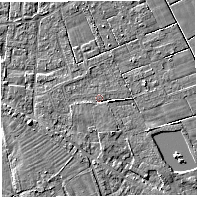 Shaded relief map of the ground around FY60PT, computed from Environment Agency LiDAR. The ground here sits at about 6 m above sea level and falls 6 m across the surrounding 800 m. Surface water reaching this point runs off ground lying to the south, 1.8 m higher.