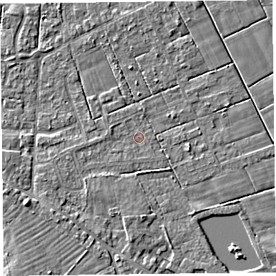 Shaded relief map of the ground around FY60PU, computed from Environment Agency LiDAR. The ground here sits at about 5 m above sea level and falls 7 m across the surrounding 800 m. Surface water reaching this point runs off ground lying to the south-west, 0.7 m higher.