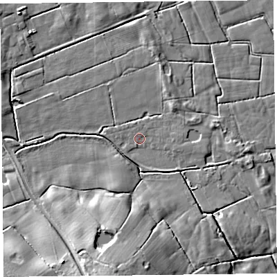 Shaded relief map of the ground around FY60PW, computed from Environment Agency LiDAR. The ground here sits at about 4 m above sea level and falls 14 m across the surrounding 800 m. Surface water reaching this point runs off ground lying to the east-south-east, 3.0 m higher.