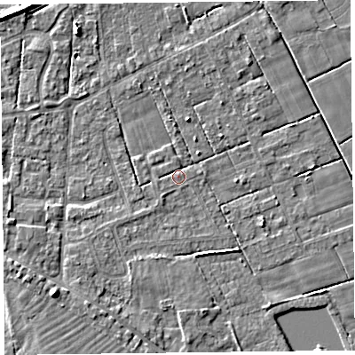 Shaded relief map of the ground around FY60PX, computed from Environment Agency LiDAR. The ground here sits at about 6 m above sea level and falls 7 m across the surrounding 800 m. Surface water reaching this point runs off ground lying to the south-west, 1.3 m higher.
