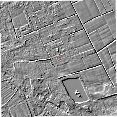 Shaded relief map of the ground around FY60PY, computed from Environment Agency LiDAR. The ground here sits at about 5 m above sea level and falls 4 m across the surrounding 800 m. The ground contributing surface water to this point lies to the south-east.