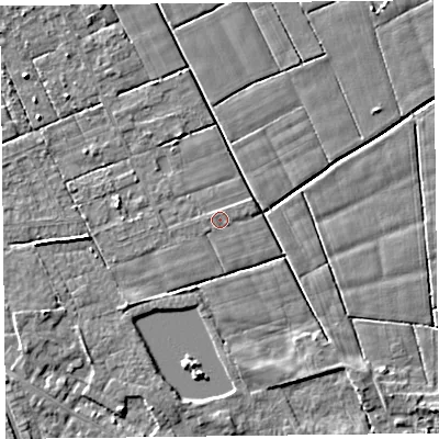 Shaded relief map of the ground around FY60QB, computed from Environment Agency LiDAR. The ground here sits at about 5 m above sea level and falls 4 m across the surrounding 800 m. The ground contributing surface water to this point lies to the west.