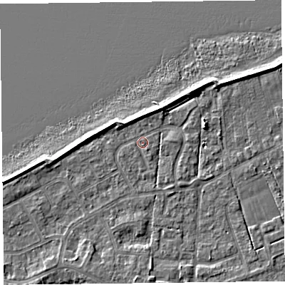 Shaded relief map of the ground around FY60QE, computed from Environment Agency LiDAR. The ground here sits at about 6 m above sea level and falls 6 m across the surrounding 800 m. Surface water reaching this point runs off ground lying to the south-south-east, 1.3 m higher.