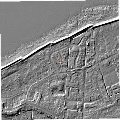 Shaded relief map of the ground around FY60QF, computed from Environment Agency LiDAR. The ground here sits at about 6 m above sea level and falls 6 m across the surrounding 800 m. Surface water reaching this point runs off ground lying to the south-south-east, 0.7 m higher.