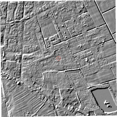 Shaded relief map of the ground around FY60QJ, computed from Environment Agency LiDAR. The ground here sits at about 5 m above sea level and falls 7 m across the surrounding 800 m. Surface water reaching this point runs off ground lying to the south, 2.0 m higher.