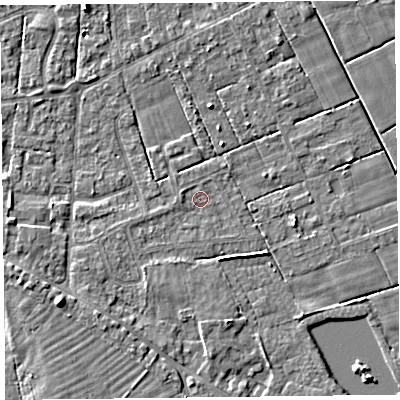 Shaded relief map of the ground around FY60QL, computed from Environment Agency LiDAR. The ground here sits at about 5 m above sea level and falls 7 m across the surrounding 800 m. Surface water reaching this point runs off ground lying to the south, 2.0 m higher.