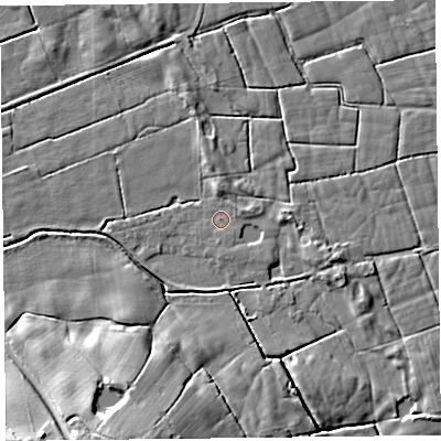 Shaded relief map of the ground around FY60QW, computed from Environment Agency LiDAR. The ground here sits at about 5 m above sea level and falls 13 m across the surrounding 800 m. Surface water reaching this point runs off ground lying to the east, 1.8 m higher.