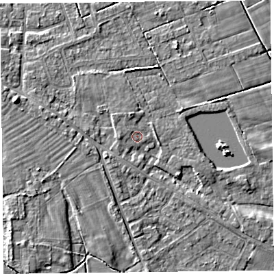 Shaded relief map of the ground around FY60QX, computed from Environment Agency LiDAR. The ground here sits at about 6 m above sea level and falls 6 m across the surrounding 800 m. Surface water reaching this point runs off ground lying to the west-north-west, 0.7 m higher.