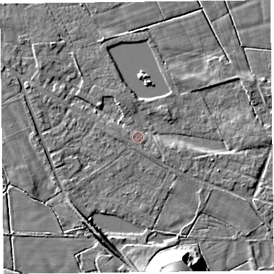 Shaded relief map of the ground around FY60QY, computed from Environment Agency LiDAR. The ground here sits at about 7 m above sea level and falls 22 m across the surrounding 800 m. The ground contributing surface water to this point lies to the west-north-west.