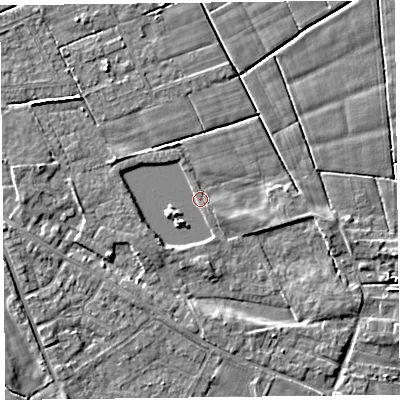 Shaded relief map of the ground around FY60RA, computed from Environment Agency LiDAR. The ground here sits at about 6 m above sea level and falls 4 m across the surrounding 800 m. Surface water reaching this point runs off ground lying to the west-south-west, 1.8 m higher.