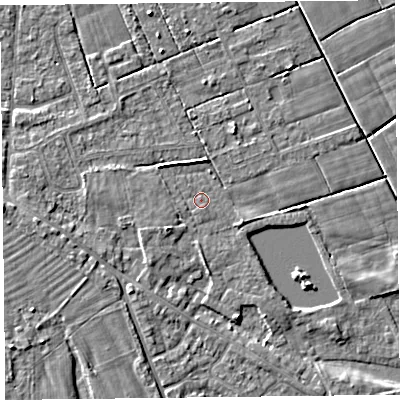 Shaded relief map of the ground around FY60RB, computed from Environment Agency LiDAR. The ground here sits at about 6 m above sea level and falls 4 m across the surrounding 800 m. Surface water reaching this point runs off ground lying to the south-west, 1.9 m higher.