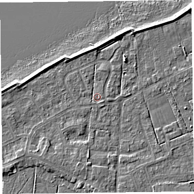 Shaded relief map of the ground around FY60RD, computed from Environment Agency LiDAR. The ground here sits at about 5 m above sea level and falls 6 m across the surrounding 800 m. Surface water reaching this point runs off ground lying to the north-west, 3.6 m higher.