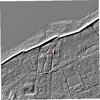 Shaded relief map of the ground around FY60RF, computed from Environment Agency LiDAR. The ground here sits at about 6 m above sea level and falls 6 m across the surrounding 800 m. Surface water reaching this point runs off ground lying to the south-west, 1.1 m higher.