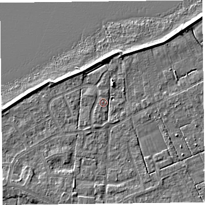 Shaded relief map of the ground around FY60RG, computed from Environment Agency LiDAR. The ground here sits at about 6 m above sea level and falls 6 m across the surrounding 800 m. Surface water reaching this point runs off ground lying to the south-south-west, 3.0 m higher.