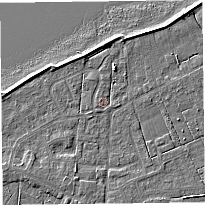 Shaded relief map of the ground around FY60RL, computed from Environment Agency LiDAR. The ground here sits at about 6 m above sea level and falls 6 m across the surrounding 800 m. Surface water reaching this point runs off ground lying to the south-west, 1.3 m higher.