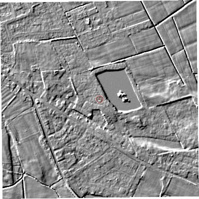Shaded relief map of the ground around FY60RN, computed from Environment Agency LiDAR. The ground here sits at about 6 m above sea level and falls 5 m across the surrounding 800 m. Surface water reaching this point runs off ground lying to the south-south-east, 0.5 m higher.
