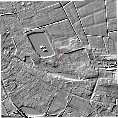 Shaded relief map of the ground around FY60RS, computed from Environment Agency LiDAR. The ground here sits at about 5 m above sea level and falls 7 m across the surrounding 800 m. Surface water reaching this point runs off ground lying to the west, 2.5 m higher.