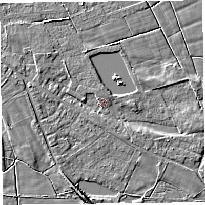 Shaded relief map of the ground around FY60RT, computed from Environment Agency LiDAR. The ground here sits at about 6 m above sea level and falls 7 m across the surrounding 800 m. Surface water reaching this point runs off ground lying to the north-west, 1.8 m higher.