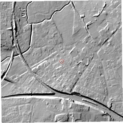 Shaded relief map of the ground around FY67AF, computed from Environment Agency LiDAR. The ground here sits at about 8 m above sea level and falls 15 m across the surrounding 800 m. Surface water reaching this point runs off ground lying to the south-south-east, 6.4 m higher.