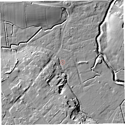 Shaded relief map of the ground around FY67AJ, computed from Environment Agency LiDAR. The ground here sits at about 5 m above sea level and falls 12 m across the surrounding 800 m. Surface water reaching this point runs off ground lying to the west-north-west, 1.7 m higher.