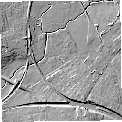 Shaded relief map of the ground around FY67EF, computed from Environment Agency LiDAR. The ground here sits at about 6 m above sea level and falls 15 m across the surrounding 800 m. Surface water reaching this point runs off ground lying to the south-south-east, 8.5 m higher.