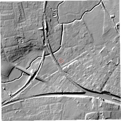 Shaded relief map of the ground around FY67EG, computed from Environment Agency LiDAR. The ground here sits at about 6 m above sea level and falls 15 m across the surrounding 800 m. Surface water reaching this point runs off ground lying to the south-east, 9.4 m higher.